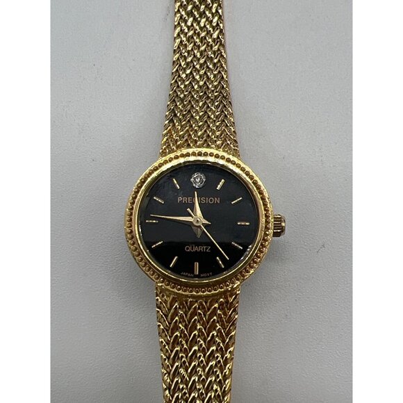 Precision By Gruen Gold-Tone Quartz Watch With Black Dial & Woven Bracelet Stain main image 8